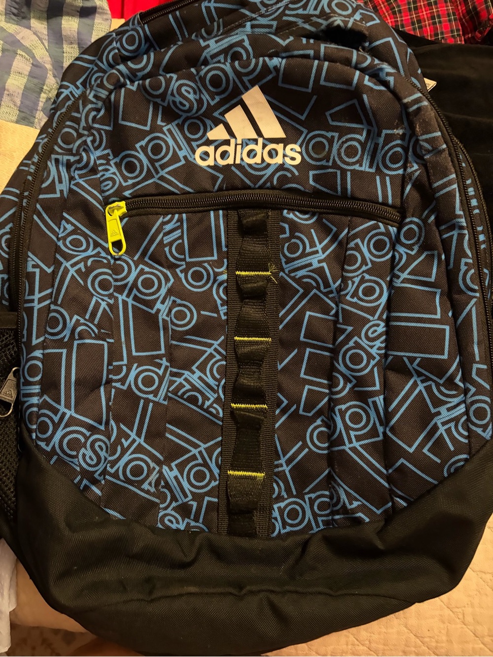 adidas Black Backpack with Blue Logo Pattern and Yellow Accents
